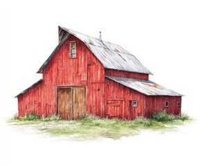 Obraz premium Watercolor red barn, rustic charm