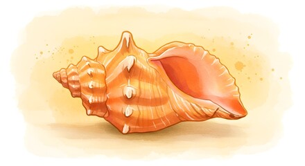 Watercolor Illustration of a Orange Conch Shell on Beige Background