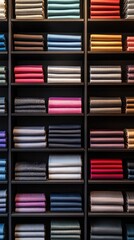 Organized fabric displays on dark shelves