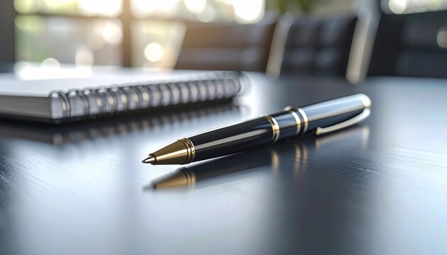 A close up shot of a pen resting on a spiral notebook on a dark table in a bright room - Powered by Adobe