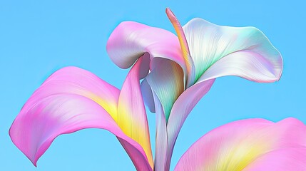 Vibrant pastel colored calla lilies against a light blue background.