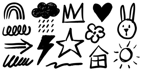 Collection of hand drawn doodle icons in black ink featuring simple playful sketches including rainbow, cloud, crown, heart, bunny face, flower, star, lightning, house, and more. © Kebon doodle