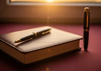 Elegant writing instruments resting on a leather bound journal book