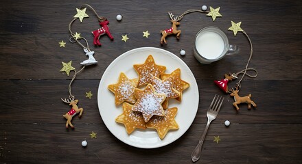 whimsical breakfast scene with a plate of star-shaped pancakes, dusted with powdered sugar, and a small glass of milk. Playful holiday decorations are scattered lightly around.