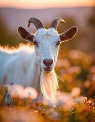 Obraz premium White goat in sunset field