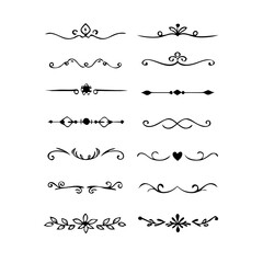 Text dividers doodle set. Wedding decorative elements. Divider ornament, borders, vintage line separators. Hand drawn vector illustration isolated on white background.Gold text dividers doodle set.
