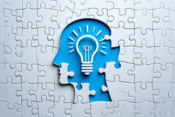 Creative Idea Head with Light Bulb Puzzle Solution for Innovation Thinking and Brainstorming Concept