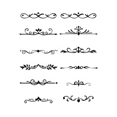 Text dividers doodle set. Wedding decorative elements. Divider ornament, borders, vintage line separators. Hand drawn vector illustration isolated on white background.Gold text dividers doodle set.
