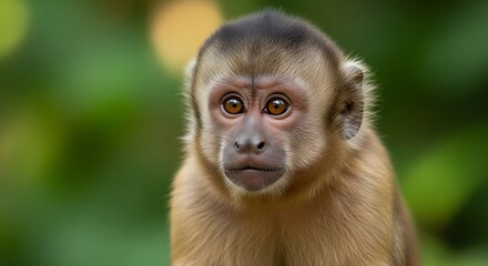 Obraz premium Curious Young Capuchin Monkey Portrait with Expressive Eyes in Lush Green Jungle