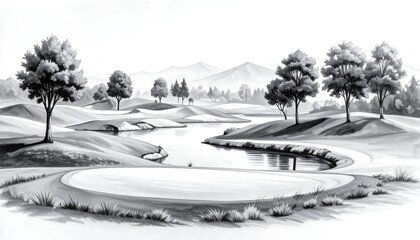 Gray-scale golf course landscape