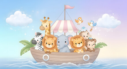 Fototapeta premium Animal Friends Voyage: A charming illustration of a group of friendly animals sailing on a wooden boat, symbolizing unity and adventure under a colorful sky.
