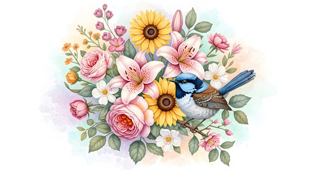 Floral Melody: A vibrant watercolor illustration of a charming blue bird perched amidst a bouquet of blooming flowers, celebrating nature's exquisite beauty and harmony.