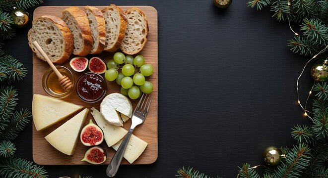 a gourmet breakfast board featuring artisanal cheeses, fig jam, crusty bread, grapes, and a small pot of honey. Subtle holiday garland draped nearby.