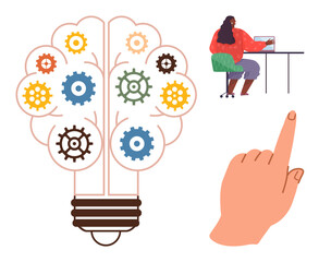 Lightbulb with colorful gears symbolizing ideas and creativity, woman working on laptop at desk, hand pointing. Ideal for innovation, brainstorming, teamwork, remote work, problem-solving