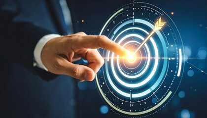 Close up of human finger interacting with abstract glowing target graphic struck precisely by a golden digital arrow, concept for visualizing strategic focus, attaining key business objectives