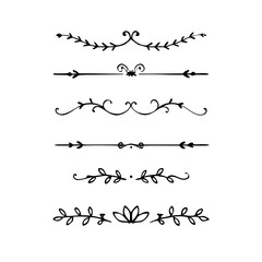 Text dividers doodle set. Wedding decorative elements. Divider ornament, borders, vintage line separators. Hand drawn vector illustration isolated on white background.Gold text dividers doodle set.
