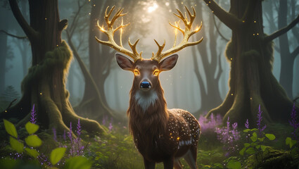 Deer forest magical fantasy glowing antlers wildlife nature trees enchanted woodland mystical creature art