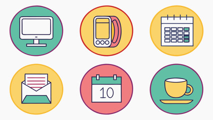 Set of design icons representing office workspace and business elements