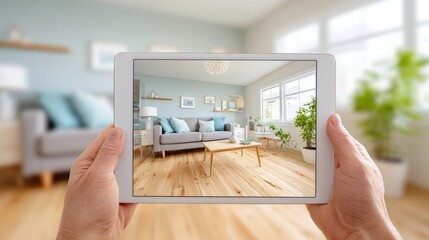 A person uses a tablet to view a modern, cozy living room with natural light, wooden floors, plants, and a neutral color palette.