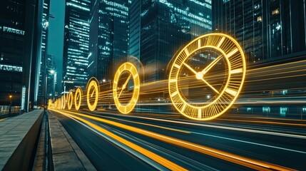 Illuminated clocks signifying the passage of time along a city street at night.