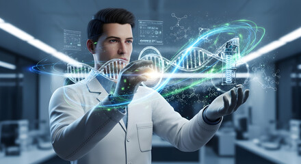 A scientist in a lab coat interacts with a holographic DNA helix and molecular structures, showcasing advanced biotechnology and genetic research.