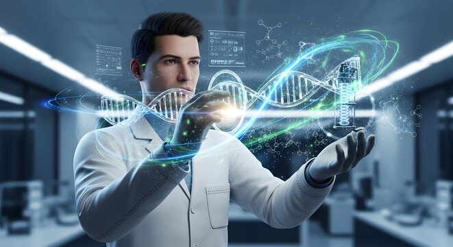 A scientist in a lab coat interacts with a holographic DNA helix and molecular structures, showcasing advanced biotechnology and genetic research.