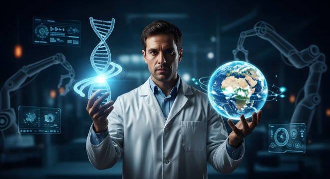 Scientist holding a glowing DNA helix and a holographic Earth, surrounded by futuristic robotic arms and data displays, symbolizing scientific advancement and global research.