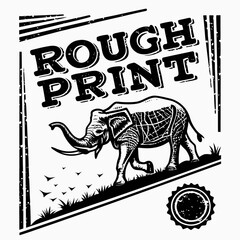 Majestic elephant walking through a stylized landscape with rough print text above