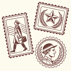 Vintage postage stamps featuring a mail carrier a star emblem and a portrait of a person