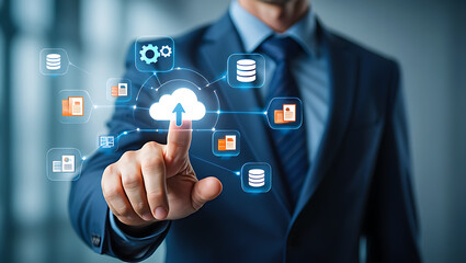 Businessman interacting with digital cloud data flow suit