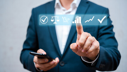 Businessman interacting with digital interface displaying business icons suit technology