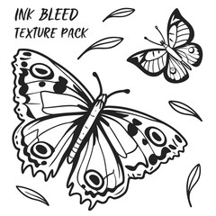 Hand drawn ink bleed butterflies and leaves graphic design elements for texture pack