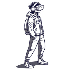 Stylized illustration of a person wearing a virtual reality headset and backpack