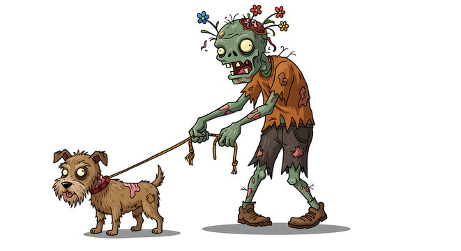 Humorous Cartoon Zombie Walking Dog;  Decayed, Flower-Headed Undead;  Whimsical Halloween Illustration.