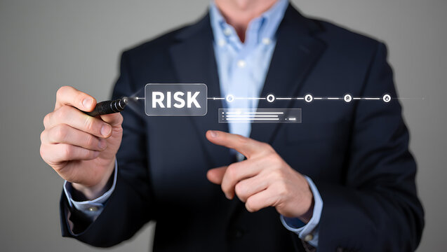 Businessman pointing at risk assessment diagram suit blue shirt - Powered by Adobe