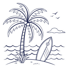 Vector art of palm tree and surfboard on the beach isolated on white background