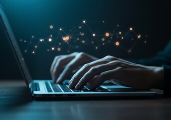 Close up of hands typing on a laptop with glowing digital connections emanating from the screen