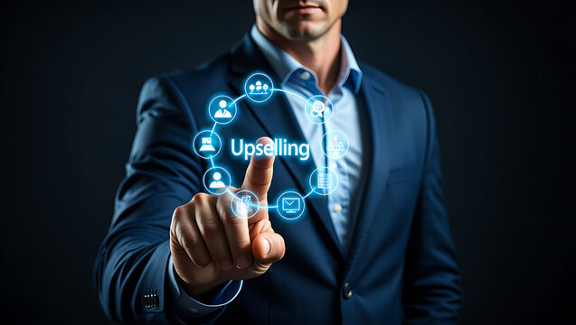 Businessman touching digital interface with upselling concept image