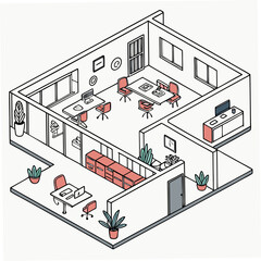 Vector art of isometric office interior with desks, computers, and plants isolated on white background