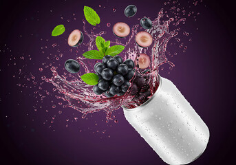 Grapes, mint, and juice bursting from a white aluminum can on purple.