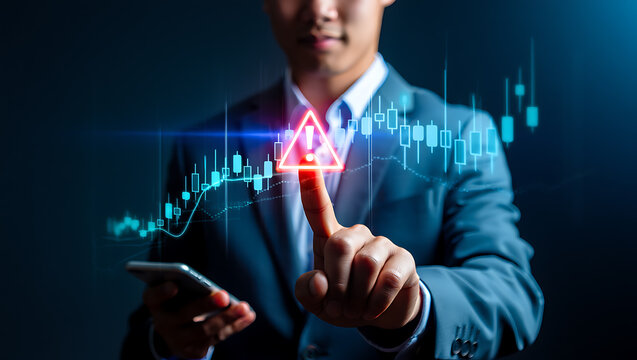 Businessman touching digital warning sign over stock market graph image