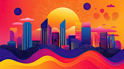Colorful cityscape at sunset with abstract shapes.