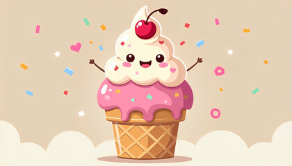 Cute Kawaii Ice Cream Cone with Cherry and Confetti