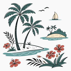 Tropical island paradise with palm trees hibiscus flowers and a sailboat on the ocean