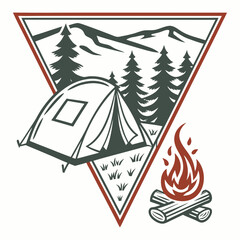 Stylized camping scene with tent campfire pine trees and mountains within a triangular border