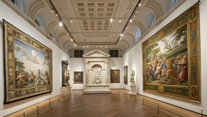 Elegant Art Museum Interior with Classical Renaissance Paintings and Sculptures