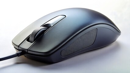 A modern black computer mouse with a scroll wheel and textured grip, isolated on white background