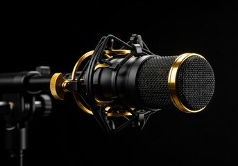 Professional black and gold microphone on stand audio recording