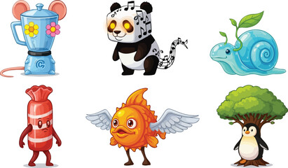 Naklejka premium March of Fantasy Cartoon Creatures with Unusual Heads and Floating Limbs in Two White Rows of Delight