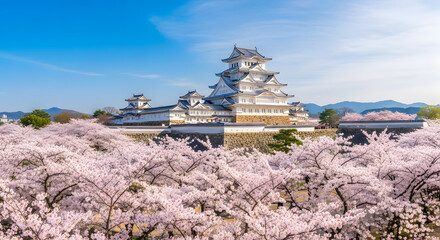 Fototapeta premium Majestic Japanese castle framed by blooming cherry blossoms under a clear blue sky